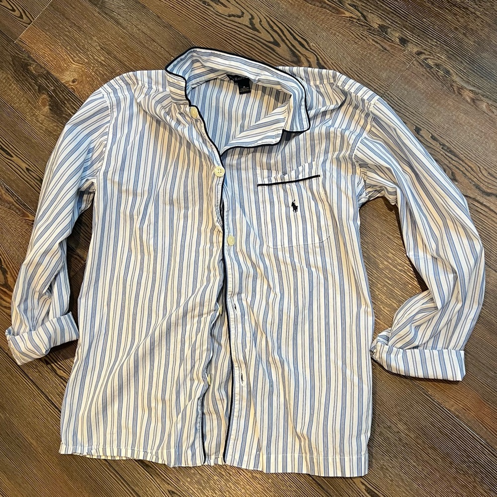 Polo by Ralph Lauren Blue & White Striped Cotton Pajama Shirt